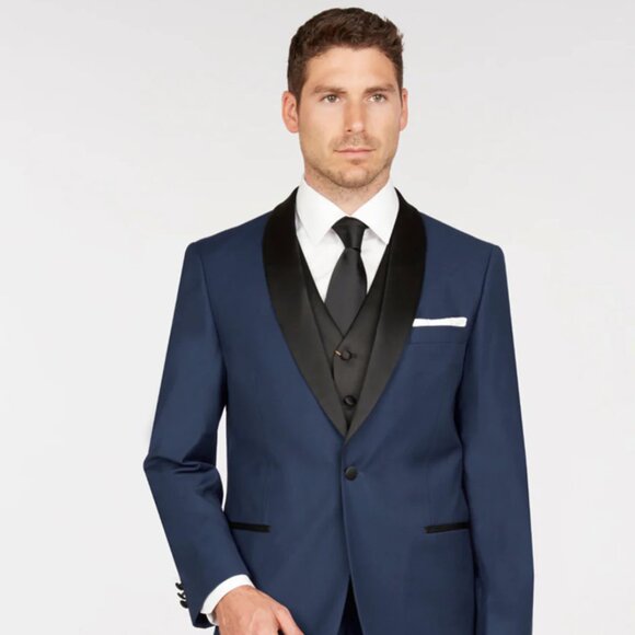 Mens Vested One Button Shawl Lapel Tuxedo in Navy & Black - Picture 1 of 2